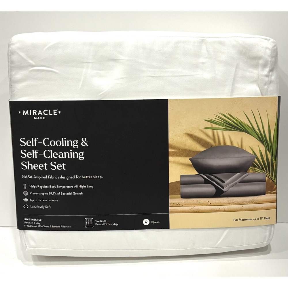 Miracle Made Queen Luxe Sateen Sheet Set White Self Cooling Silver Infused 4 Pc